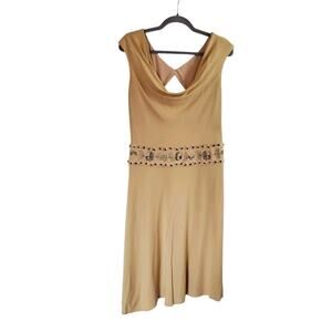 Phoebe Couture Mustard Yellow Embroidered Beaded Ribbon Midi Dress, Size 12